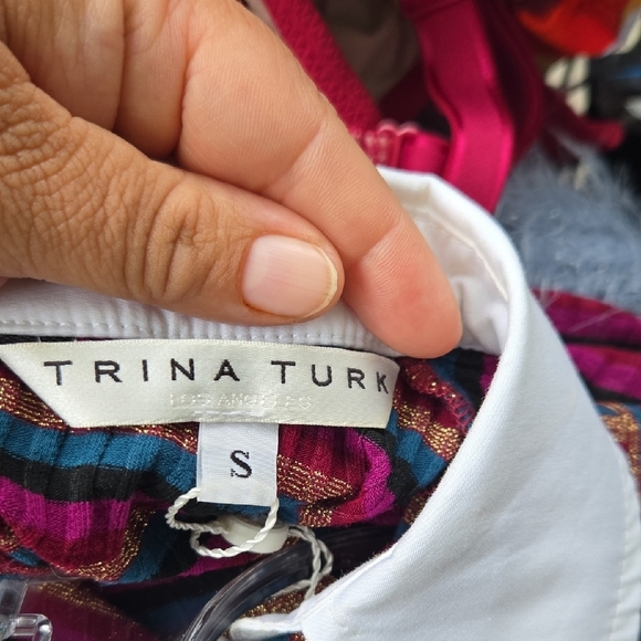 Trina Turk Striped Long Sleeve Top with White Collar - Picture 2 of 4